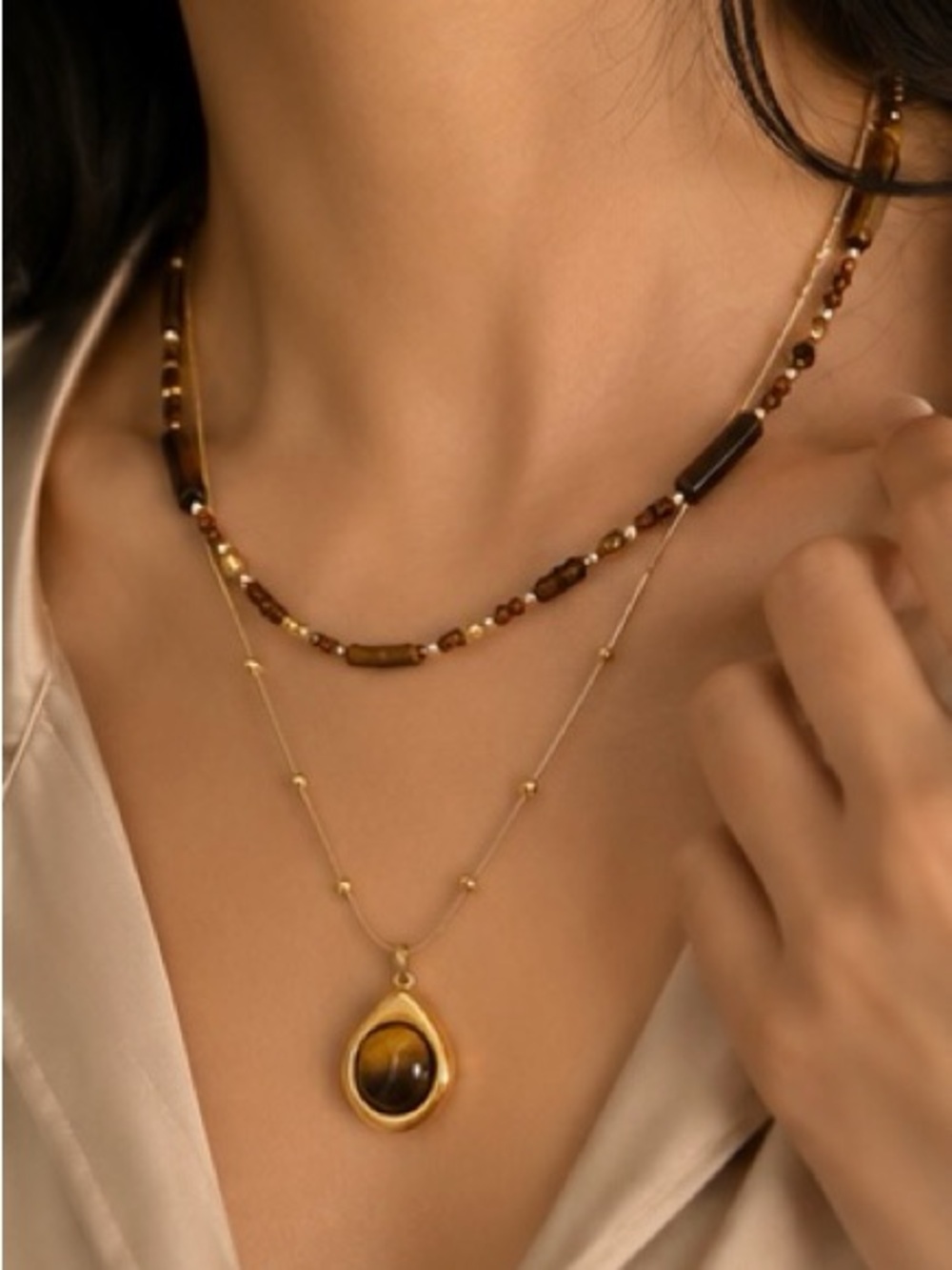 Golden Natural Stone Tiger Eye Layered Necklace